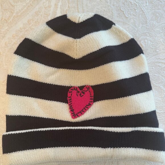 Striped Black and White Knit Hat with Pink Heart Patch - Picture 1 of 4